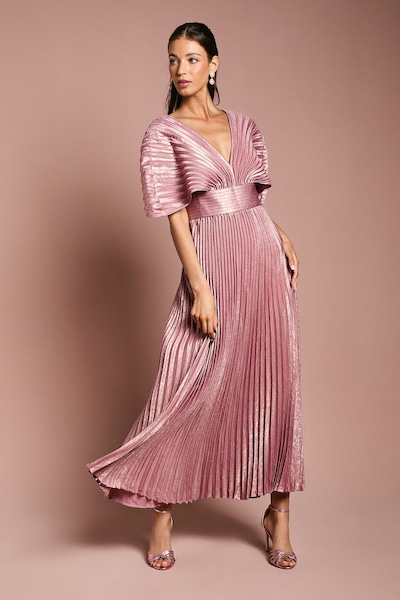 Coast Batwing Pleated Metallic Midaxi Dress Pink