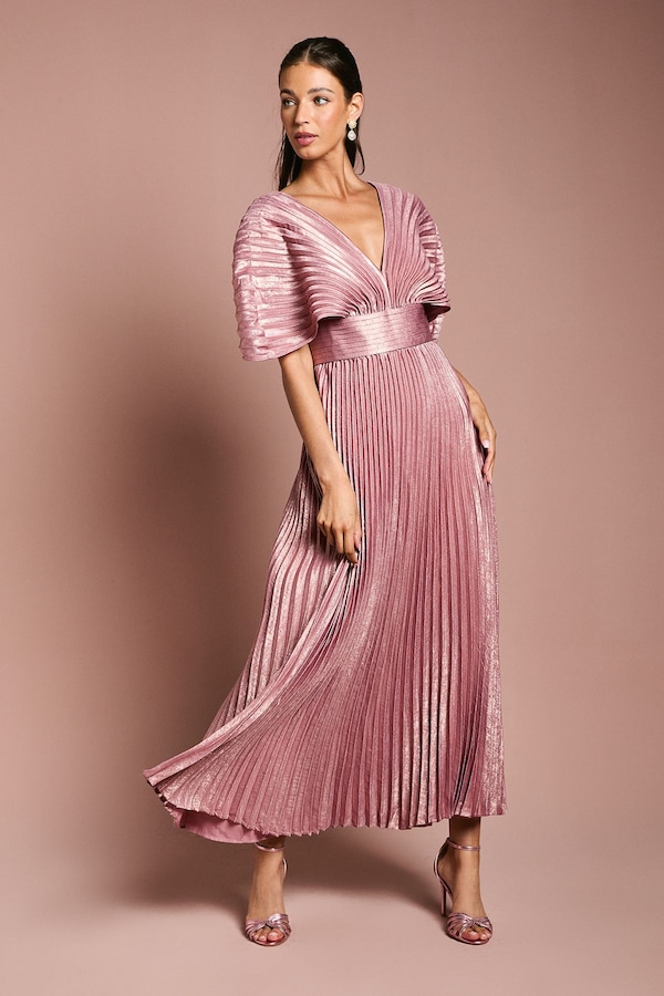 Coast Batwing Pleated Metallic Midaxi Dress Pink