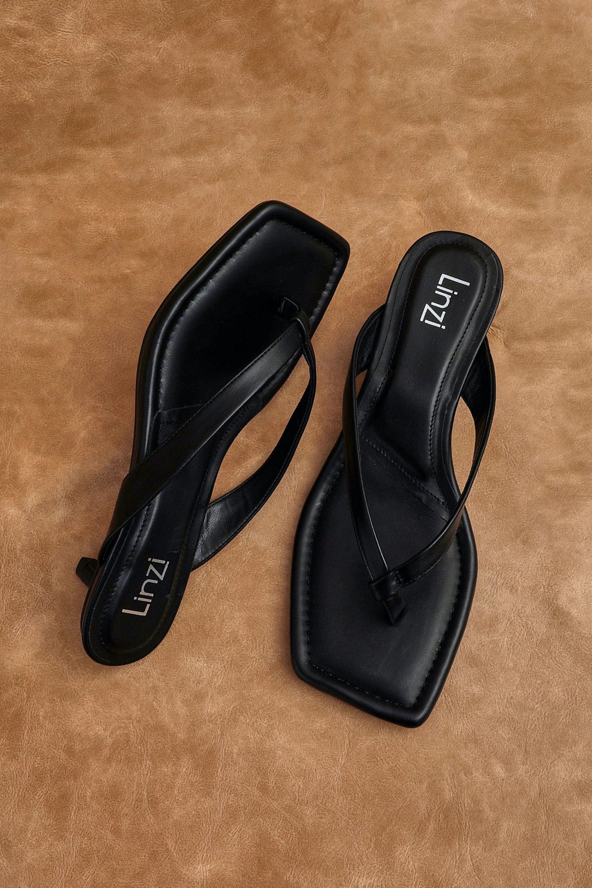 Linzi Potential Black Faux Leather Toe Post Kitten Heel image 6