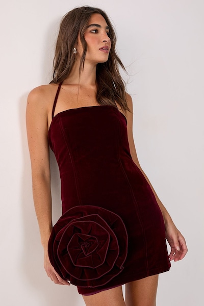 NastyGal Velvet Corsage Halter Mini Dress Burgundy