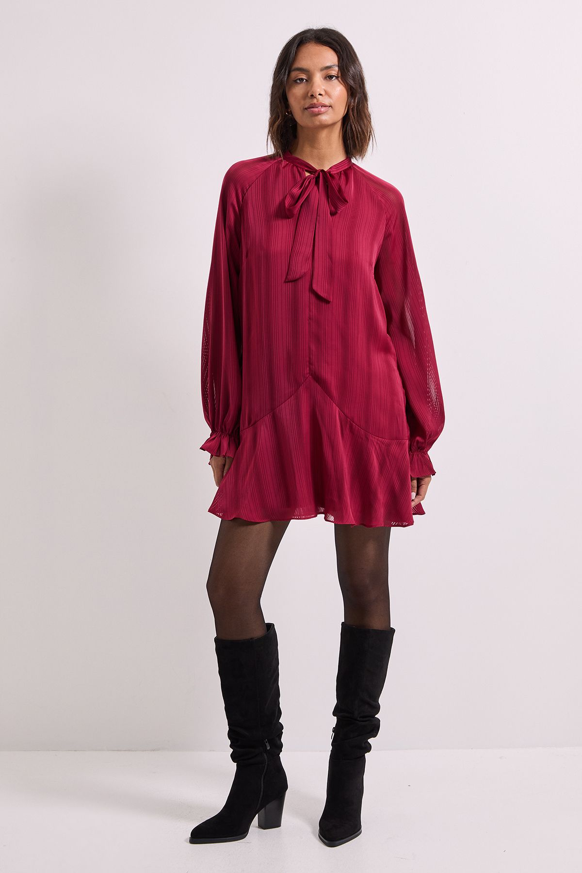 Dorothy Perkins Tie Neck Satin Burnout Tiered Smock Dress Red image 1