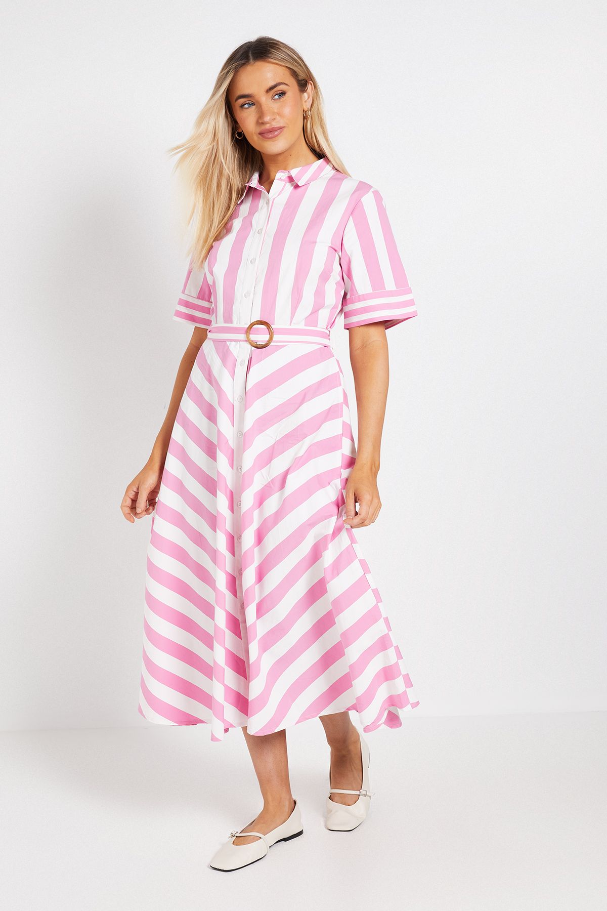 Dorothy Perkins Pink Belted Stripe Shirt Midi Dress Pink