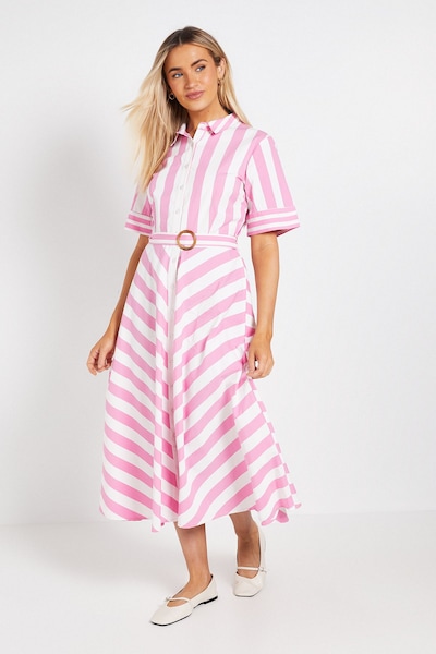 Dorothy Perkins Pink Belted Stripe Shirt Midi Dress Pink