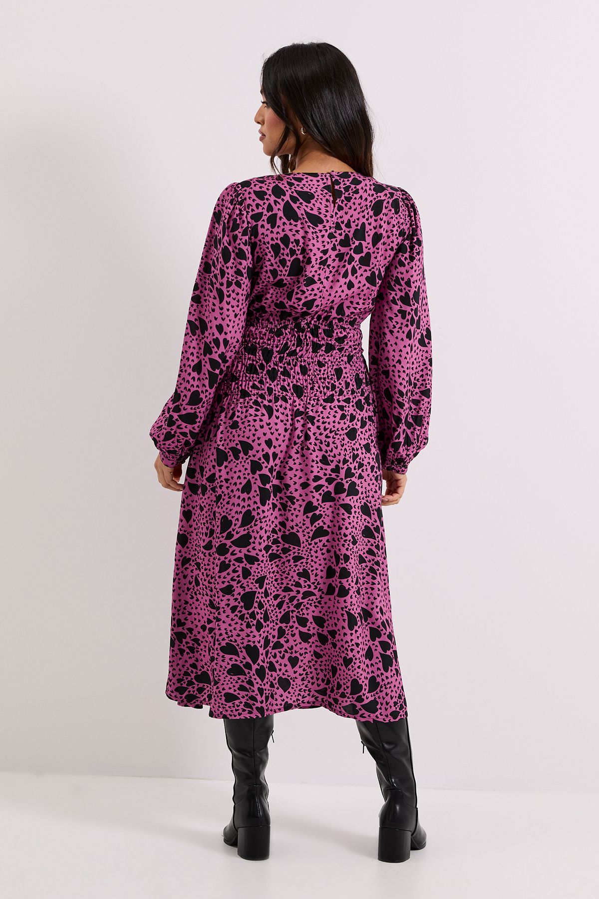 Dorothy Perkins Petite Shirred Dropped Waist Detail Printed Midi Dress Pink image 3