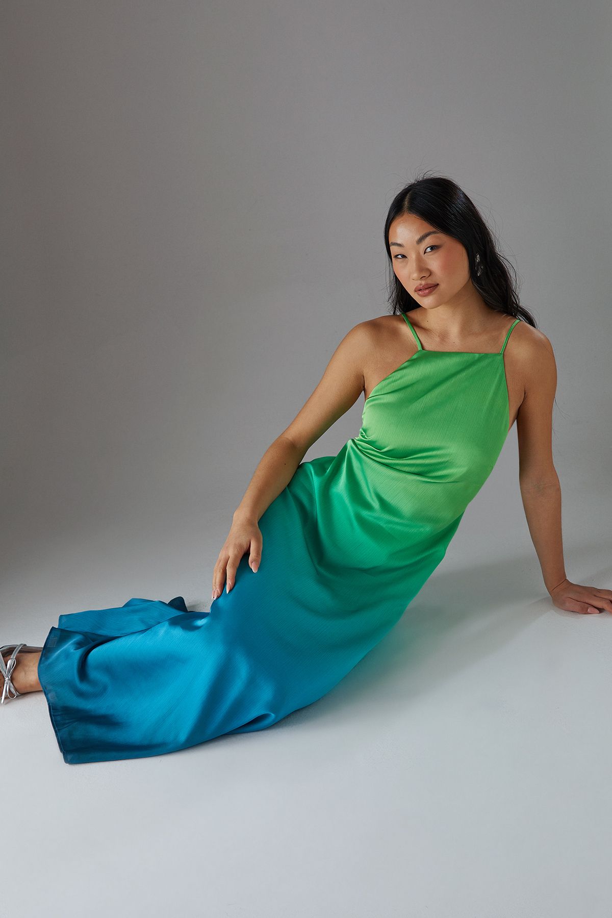 Warehouse Petite Ombre Strappy Satin Maxi Sundress Blue image 2