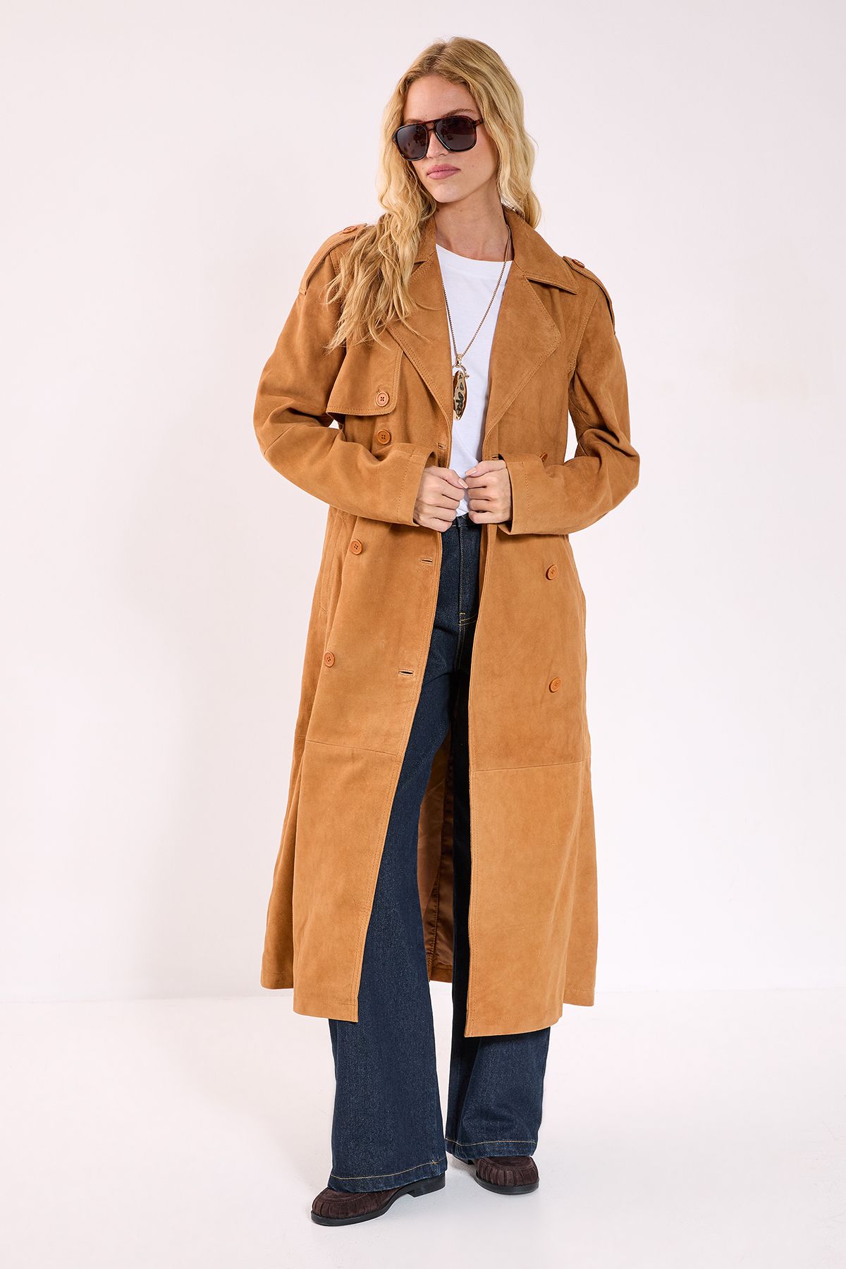 NastyGal Real Suede Trench Coat Tan image 3