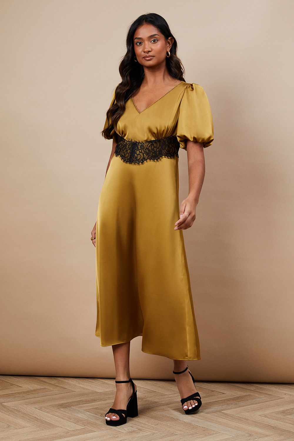 Oasis Occasion Satin Lace Waist Midi Dress Gold image 1