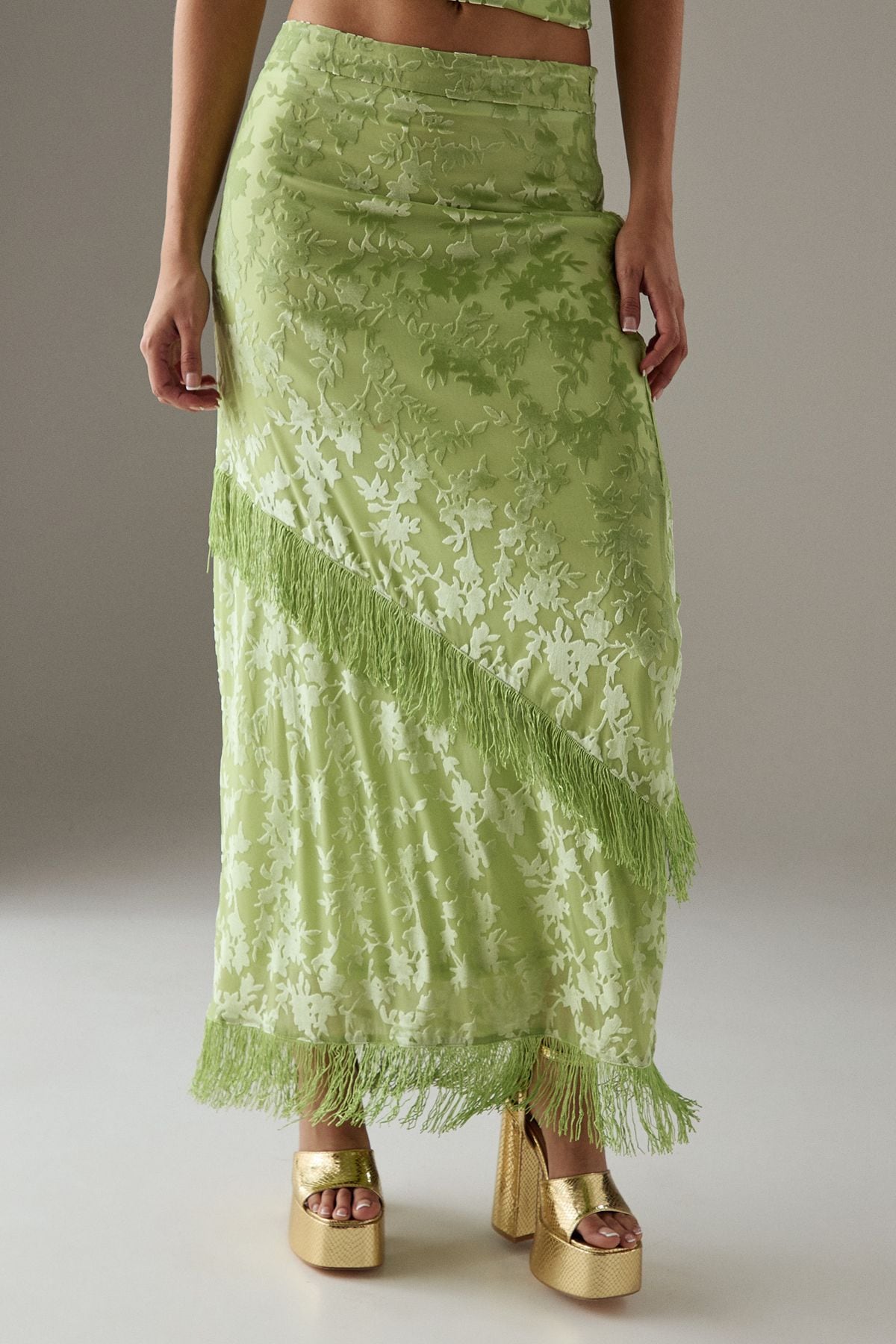 Warehouse Devore Fringe Detail Midi Skirt Apple Green image 1
