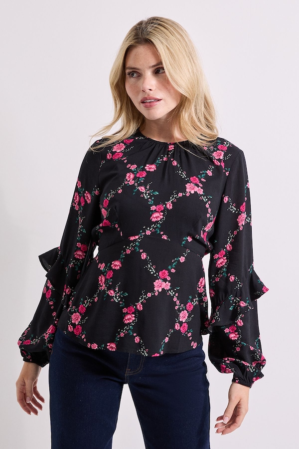Dorothy Perkins Black Floral Blouson Sleeve Empire Seam BLouse Floral
