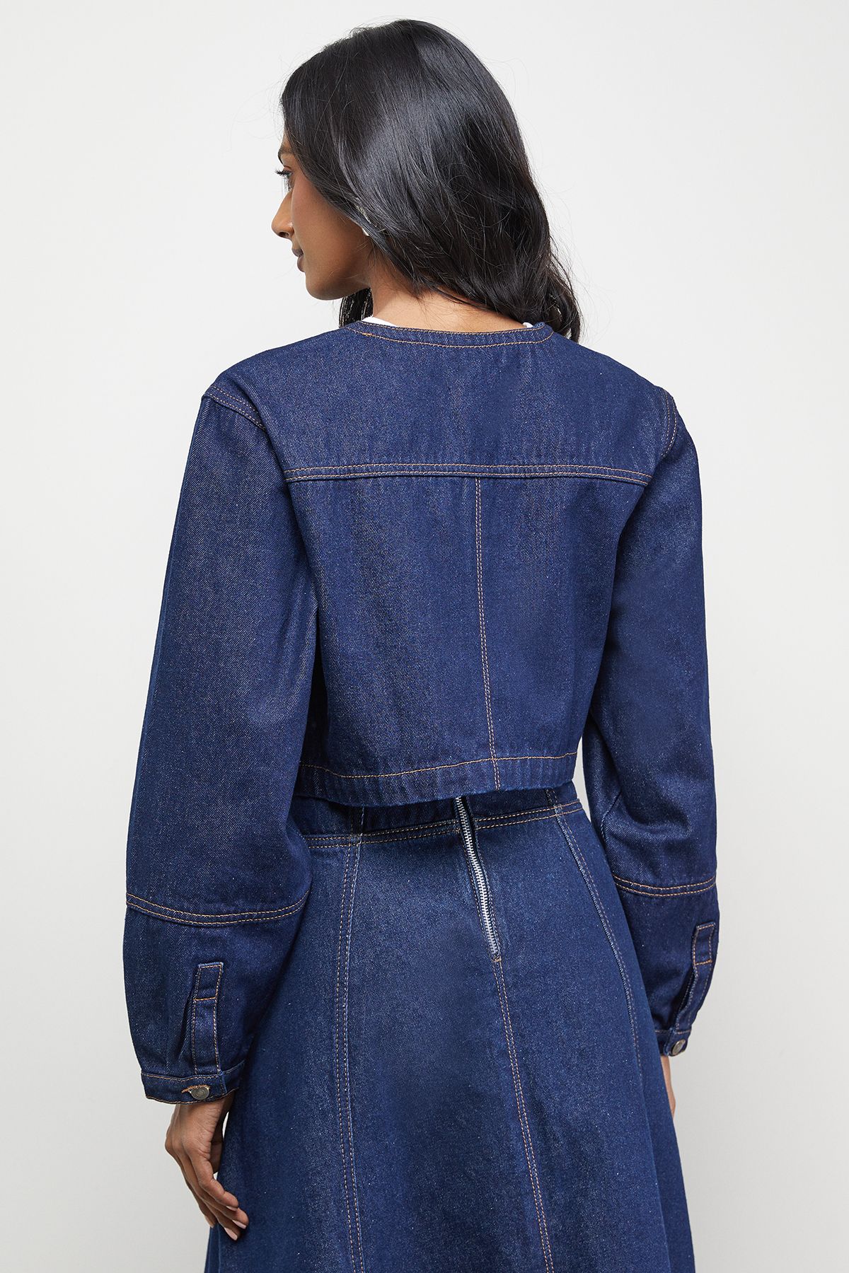 Warehouse Denim Zip Front Drawstring Hem Top Co-ord Indigo image 3