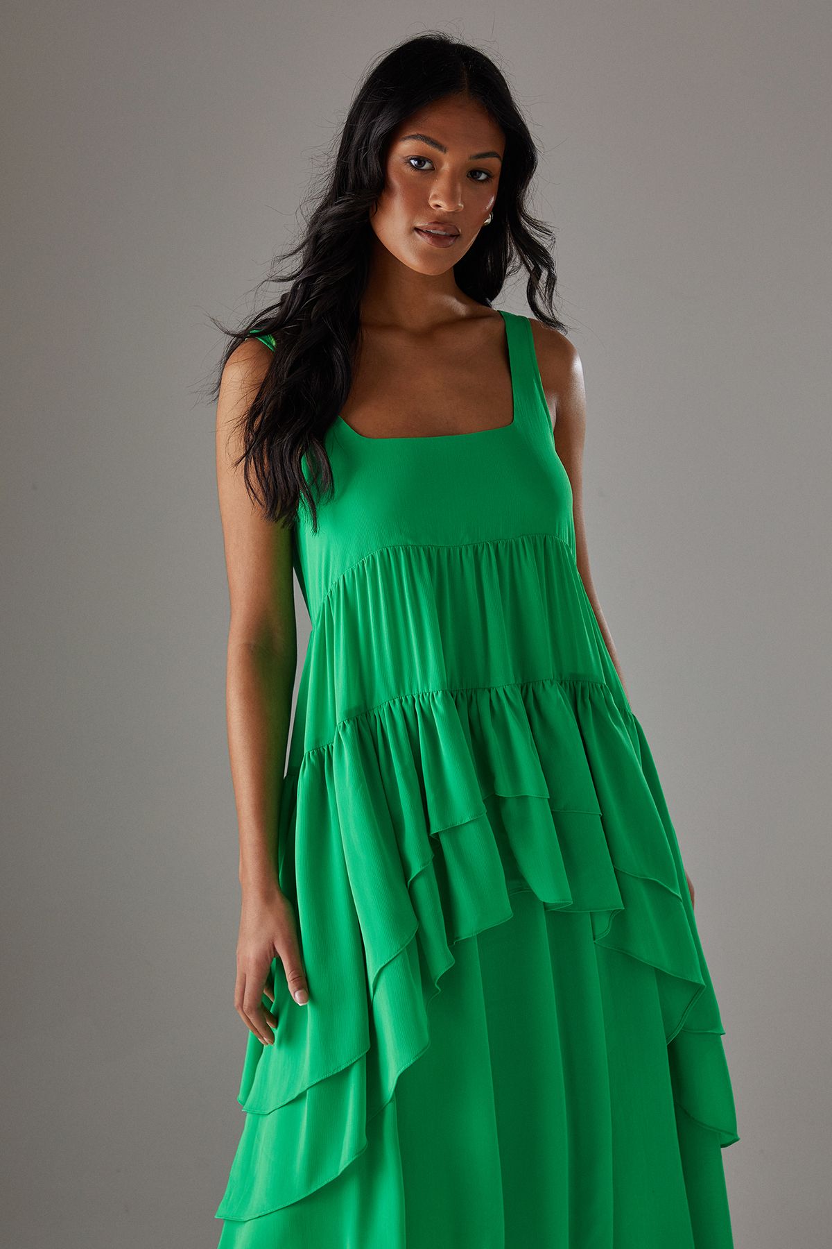 Warehouse Chiffon Ruffle Tier Smock Midi Sundress Green image 2