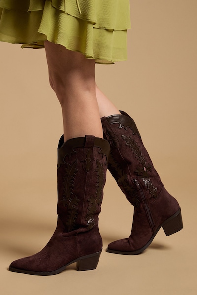 Oasis Jessie Faux Suede & Leather Western Cowboy Calf Boots Chocolate