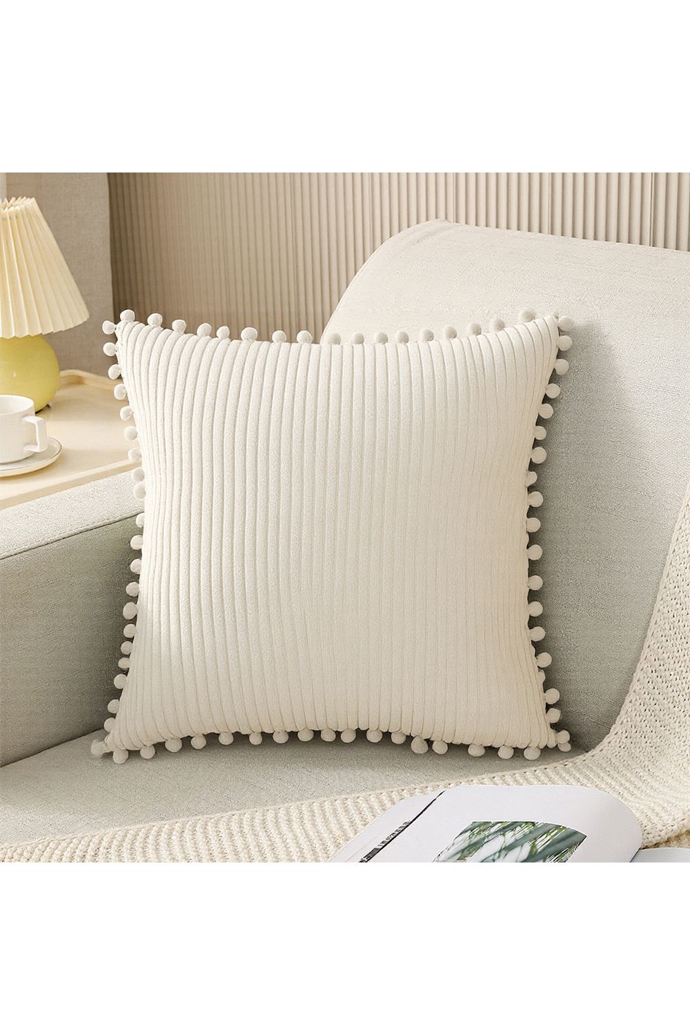 Living and Home Polyester Cushion Cover with Pom-Pom Trim image 3