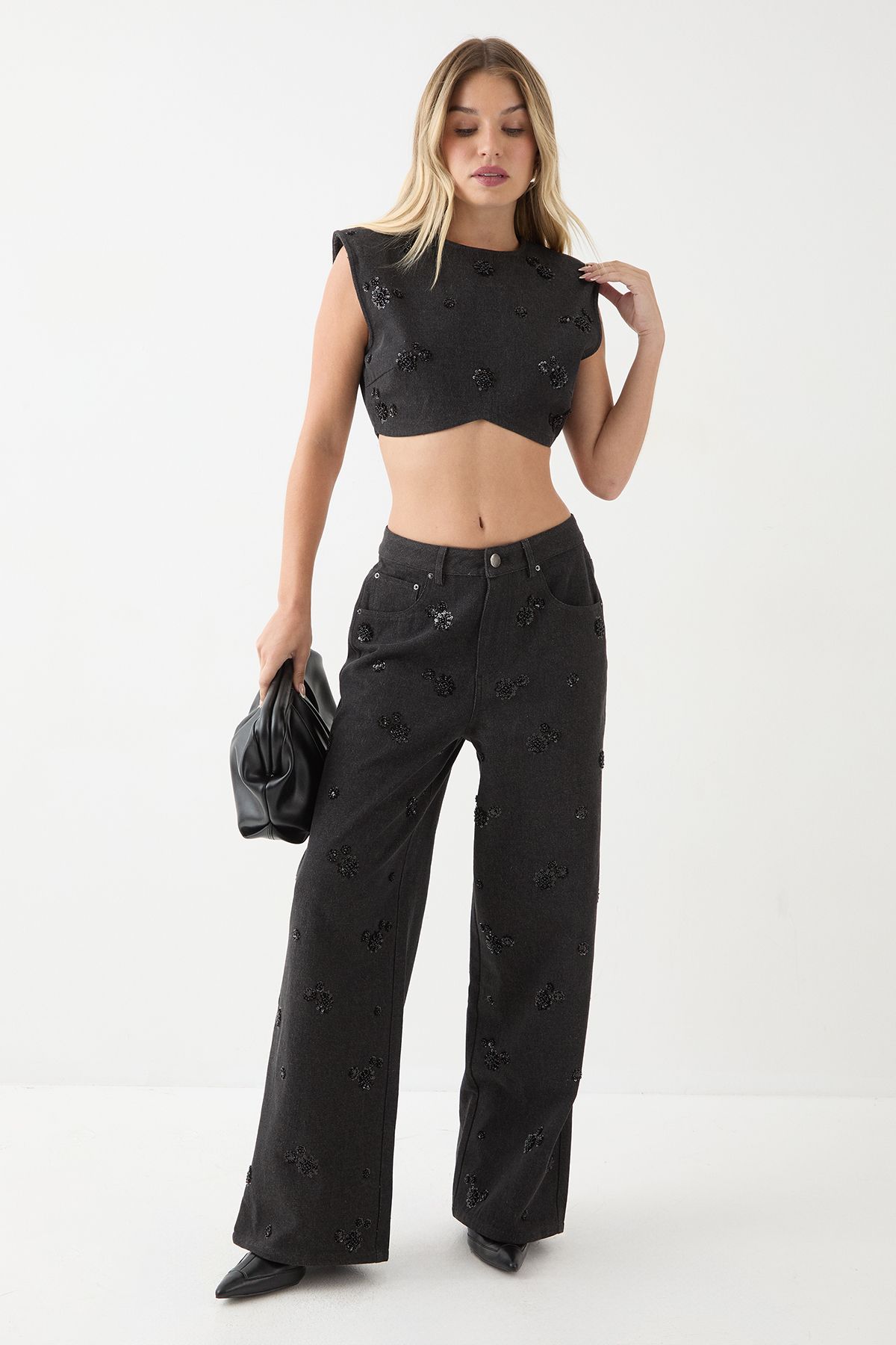 MissPap Denim Embellished Crop Top Black image 2