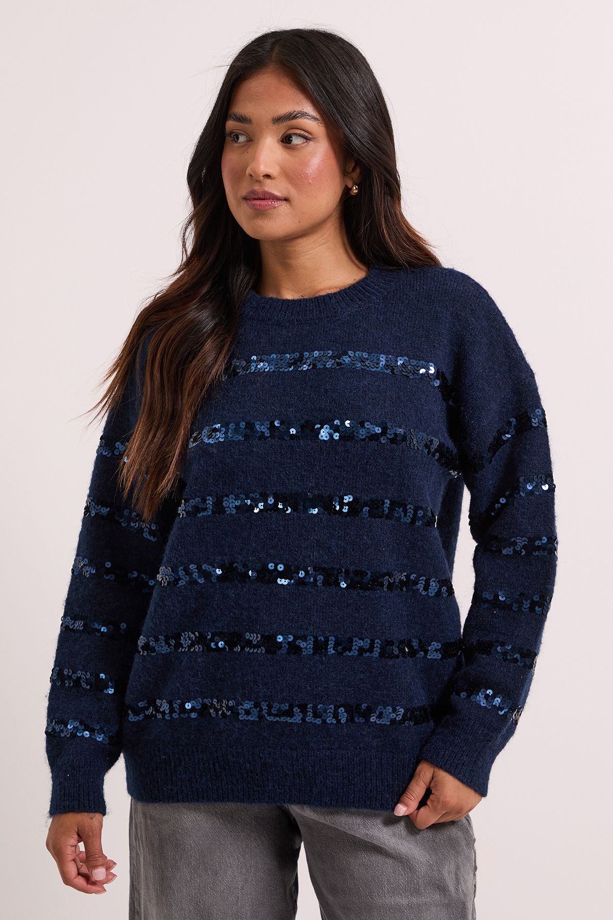 Dorothy Perkins Petite Navy Sequin Stripe Knitted Jumper Dark Navy image 2
