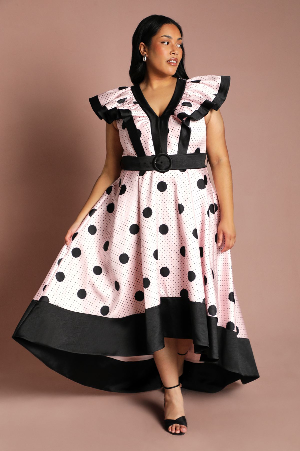 Coast Plus Spot Print Contrast Detail High Low Hem Midi Dress Pink