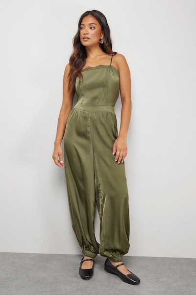 Warehouse Petite Satin Lace Trim Elasticated Cuff Strappy Jumpsuit Olive