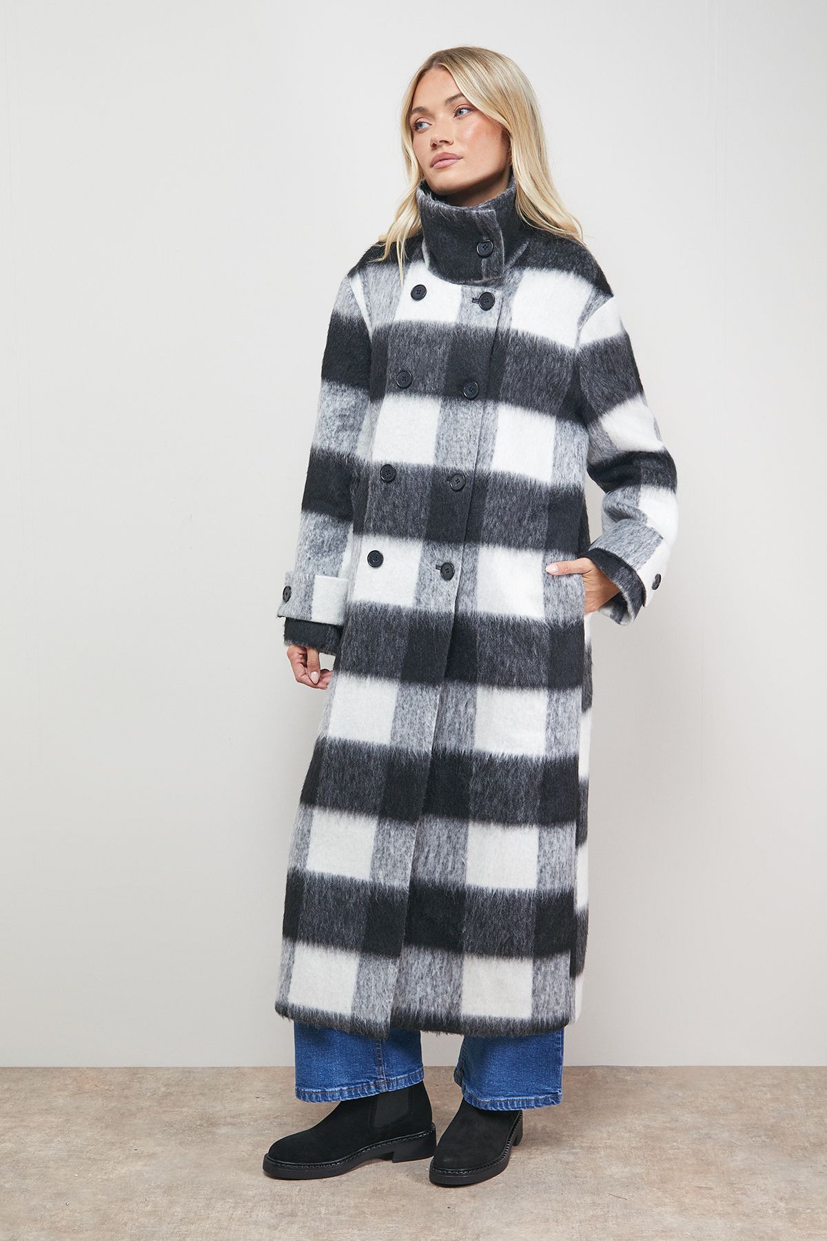 Oasis Brushed Check Funnel Neck Coat Black