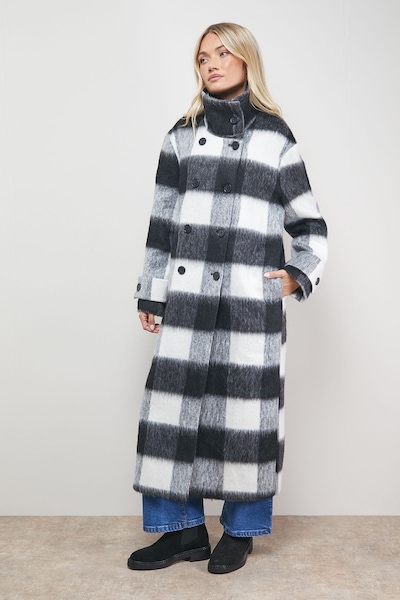 Oasis Brushed Check Funnel Neck Coat Black