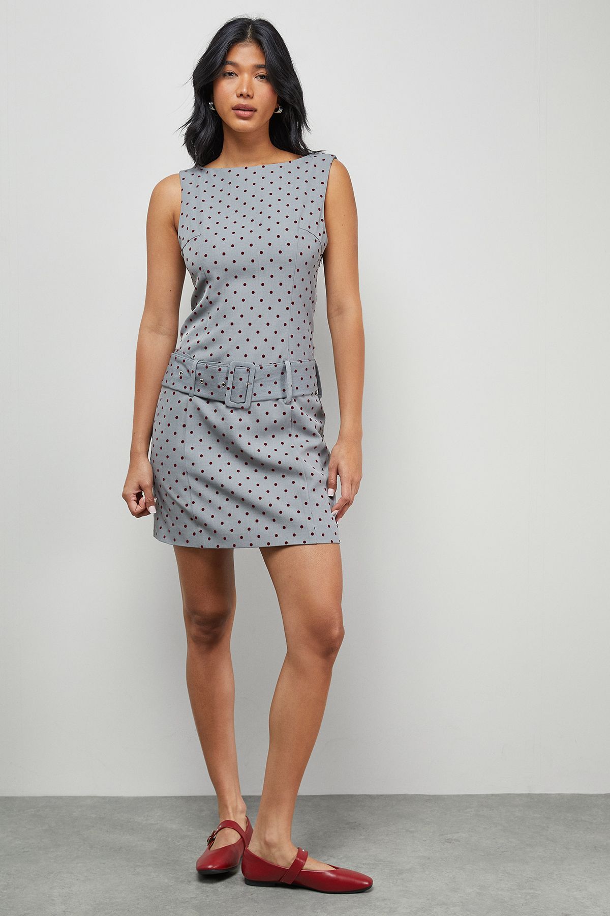 Warehouse Flock Spot Self Belt Mini Dress Grey image 2
