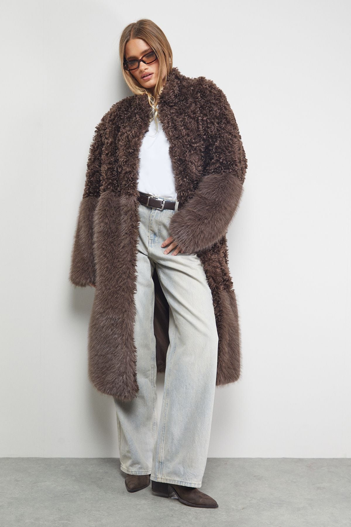 Warehouse Patchwork Fur Midi Coat Chocolate image 1