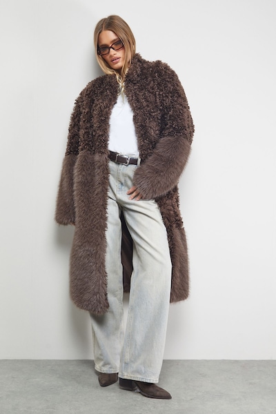 Warehouse Patchwork Fur Midi Coat Chocolate