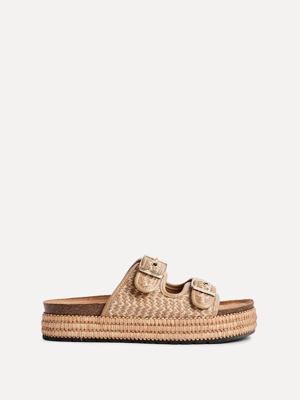 Linzi Cici Beige Aztec Woven Double Buckle Flatform Slider Sandal