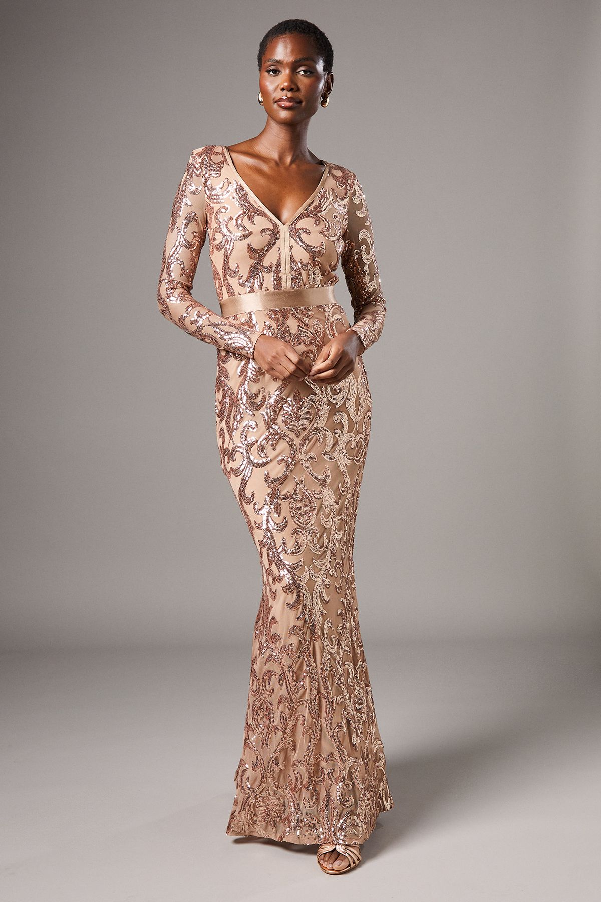 Coast Long Sleeve Sequin Maxi Dress Champagne image 1