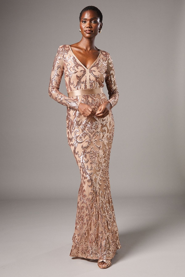 Coast Long Sleeve Sequin Maxi Dress Champagne