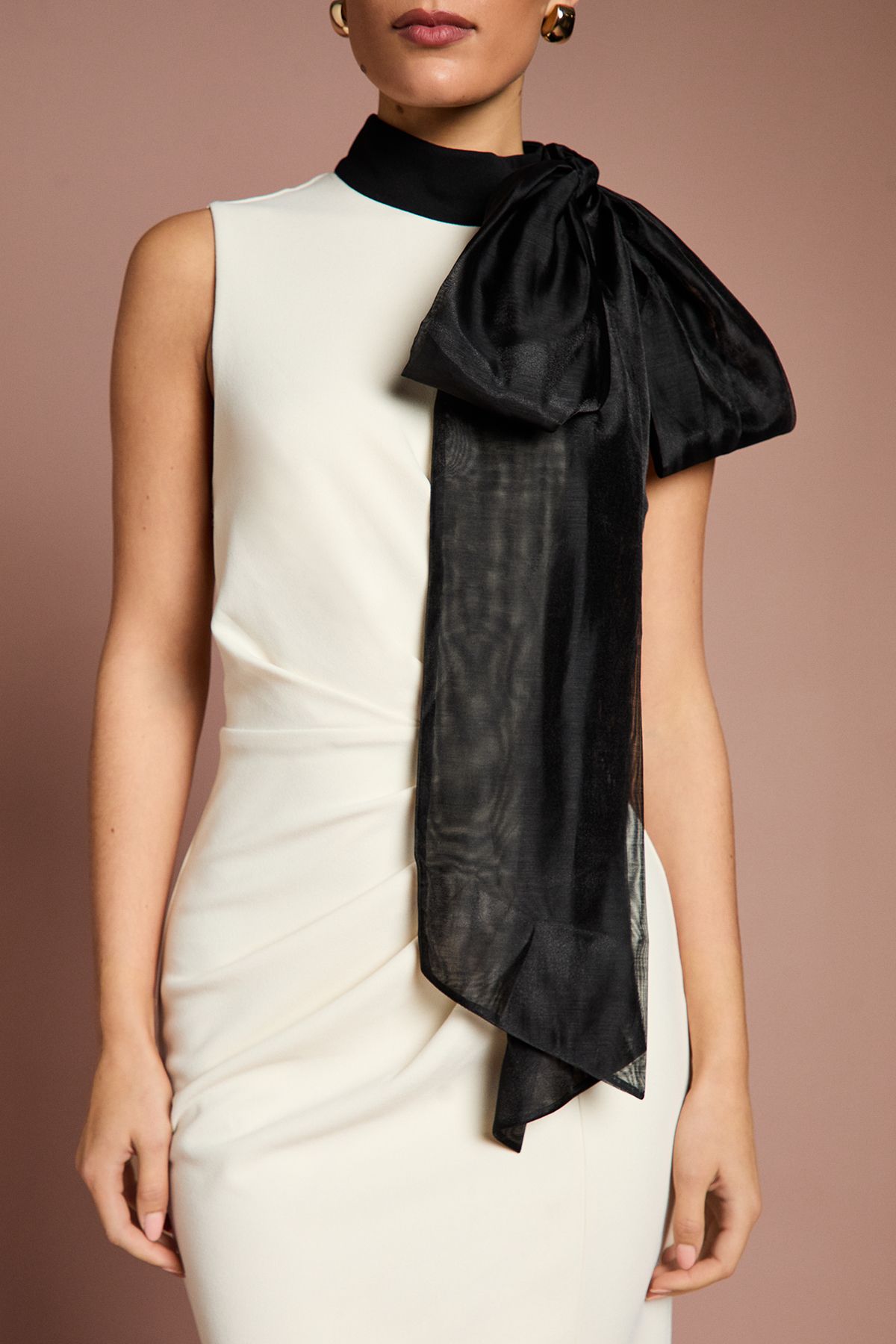 Coast Lisa Tan Stretch Crepe Organza Pussybow Column Midi Dress Cream image 4