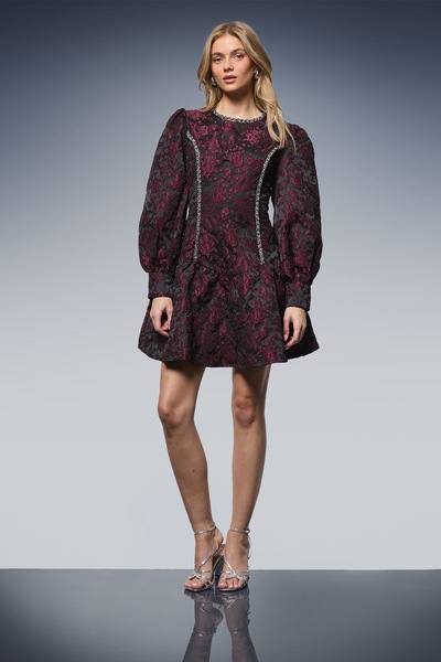 Oasis Embellished Trim Jacquard Mini Dress Red