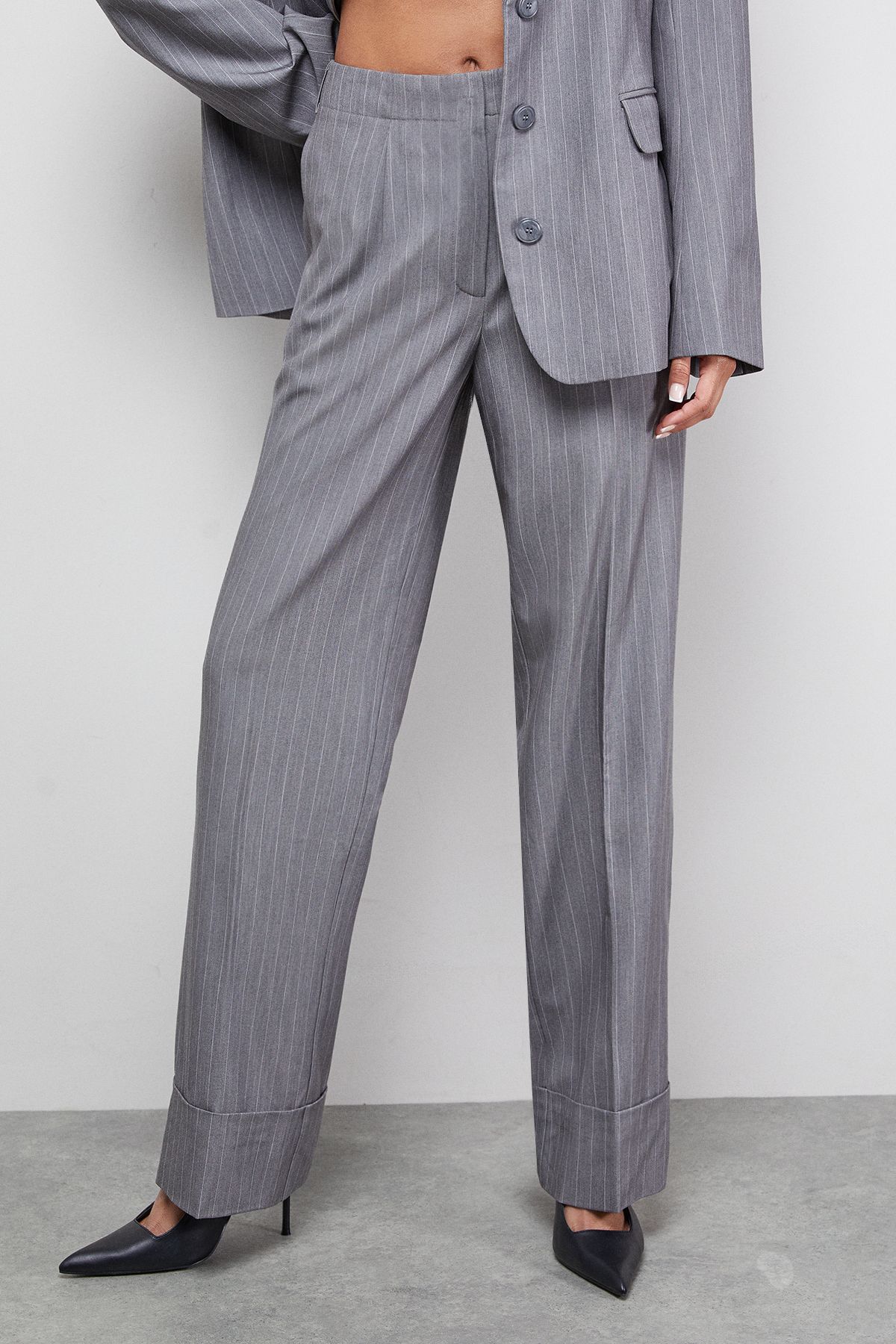 Warehouse Pinstripe Turn Up Wide Leg Trouser co ord Grey image 2