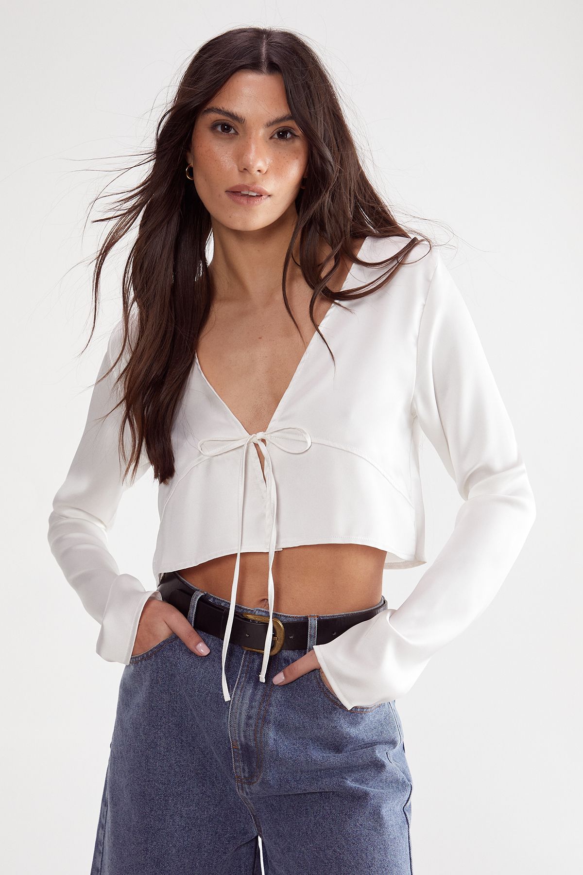 NastyGal Satin Tie Front Long Sleeve Top Champagne image 1