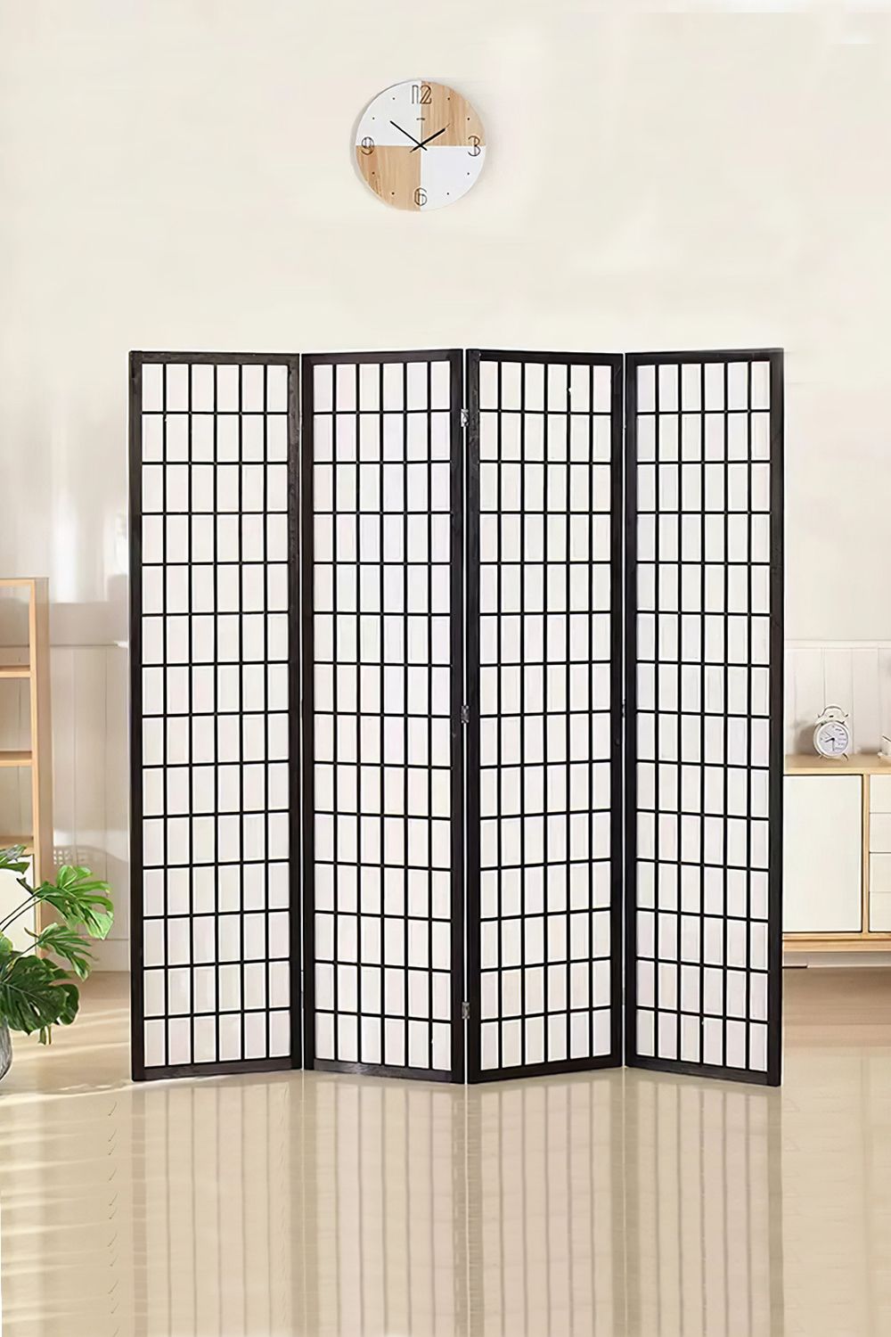 Living and Home 4-Panel Black Solid Wood Folding Room Divider Screen image 1