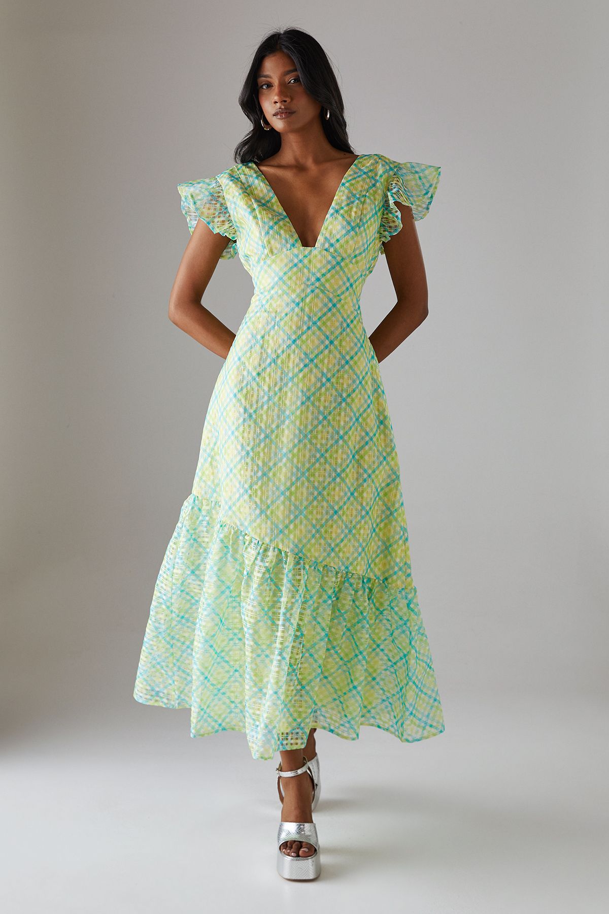 Warehouse Check Organza Plunge Neck Frill Shoulder Midi Dress Multi image 1