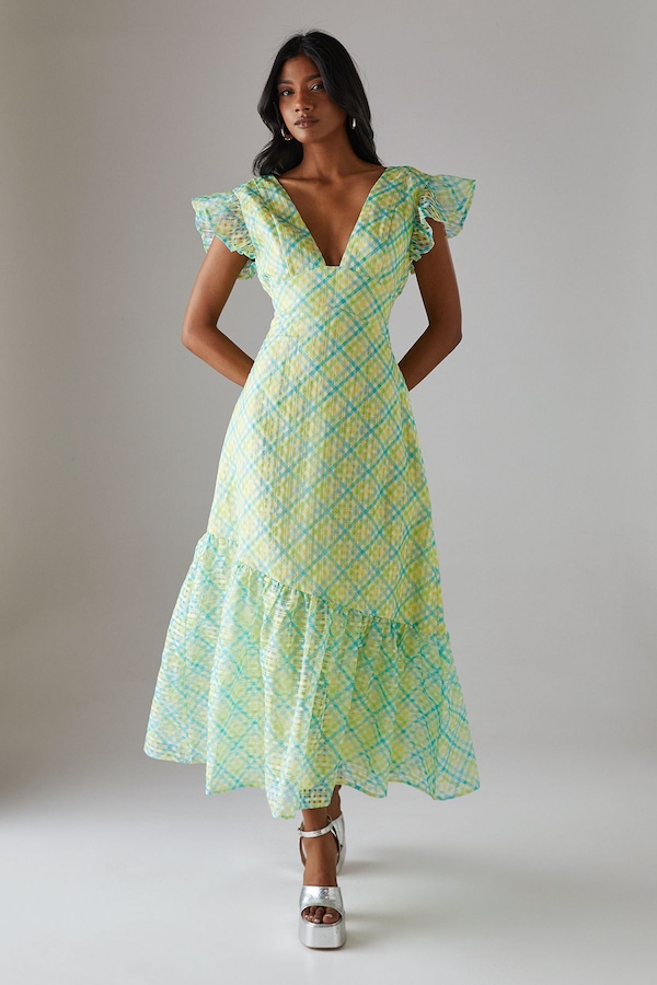 Warehouse Check Organza Plunge Neck Frill Shoulder Midi Dress Multi