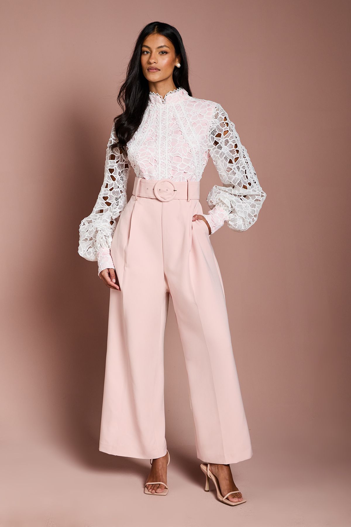 Coast Petite Organza Lace Belted Long Sleeve Jumpsuit Blush image 1