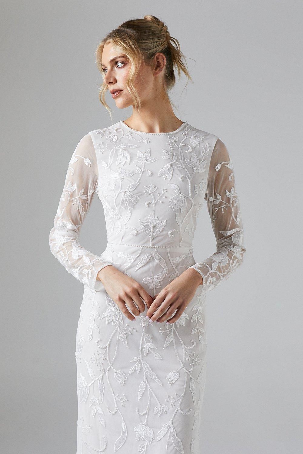 Coast Trailing Floral Placement Embellished Long Sleeve Wedding Dress Ivory image 2