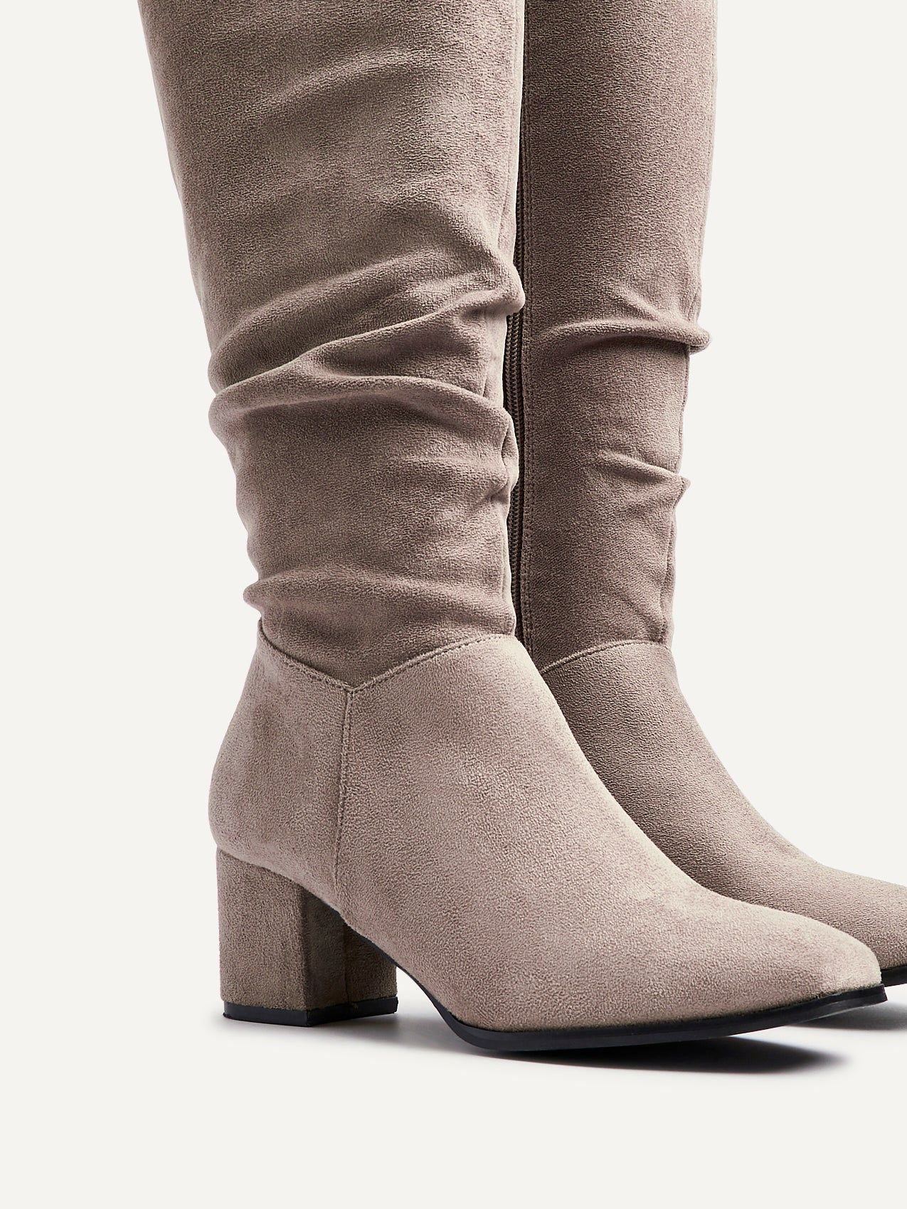 Linzi Margot Mocha Faux Suede Knee High Block Heeled Ruched Boot image 4