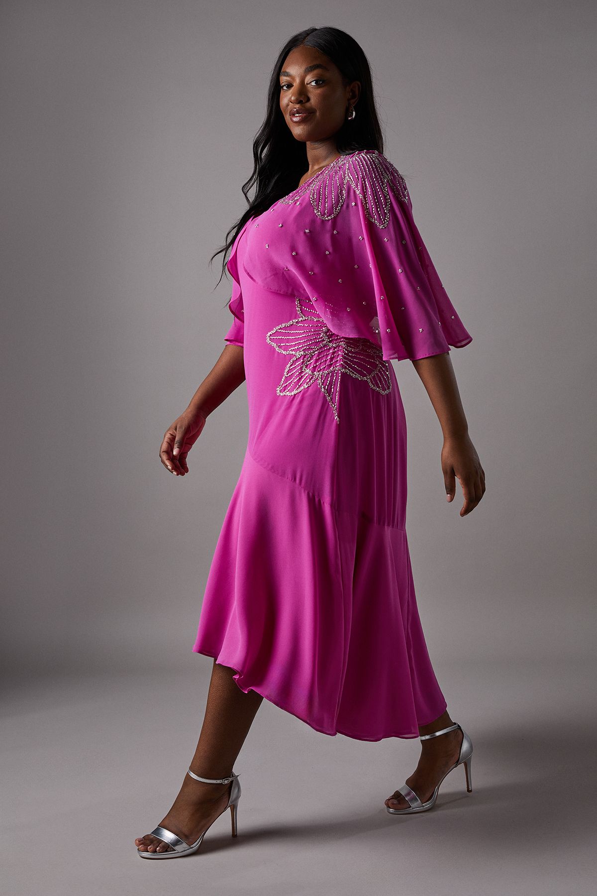 Coast Plus Embellished Midi Dress With Cape Sleeves Pink image 2