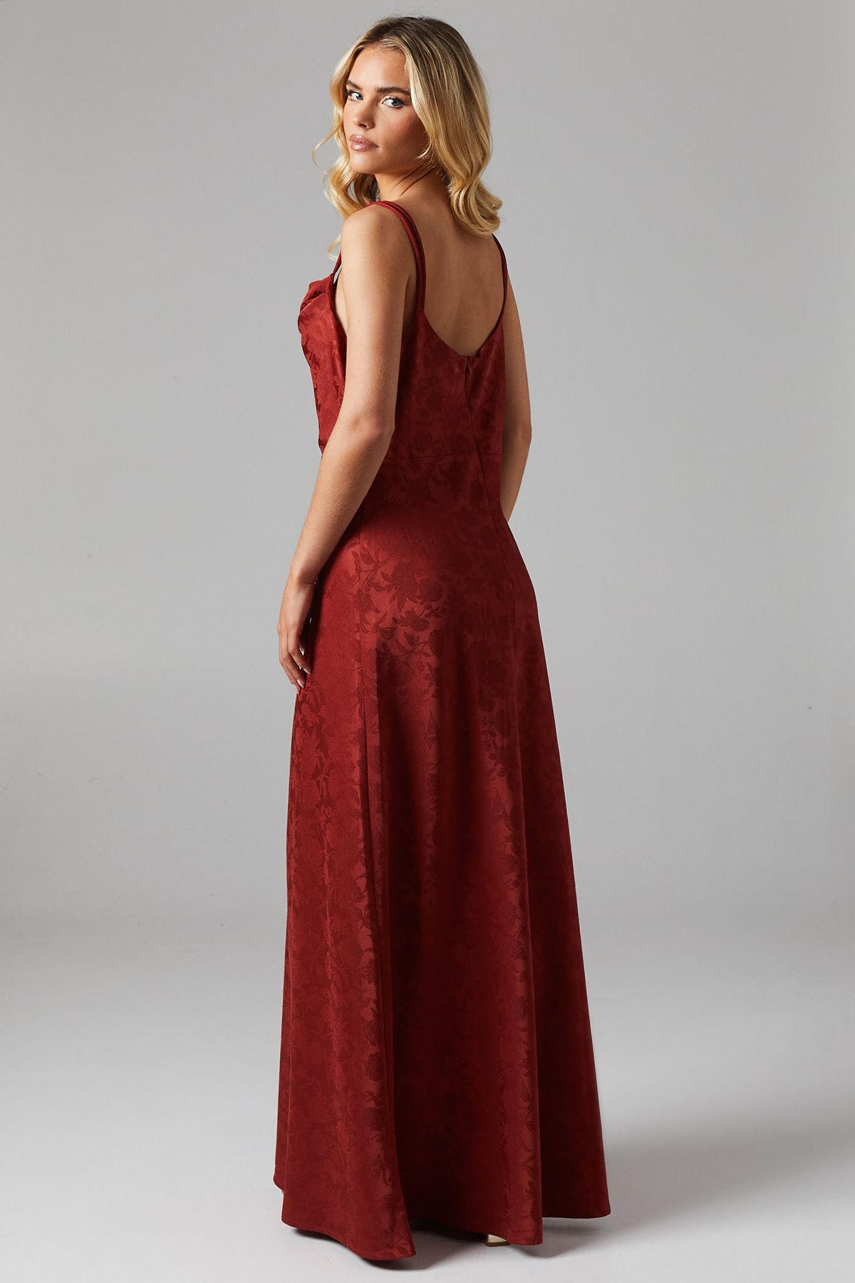 Oasis Petite Double Strap Cowl Neck Satin Jacquard Bridesmaid Midi Dress Rust image 3