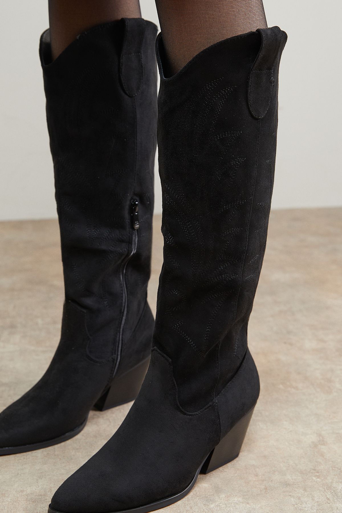 Oasis Maggie Faux Suede Embroidered Knee High Western Boots Black image 4