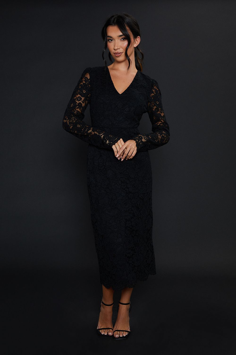 Dorothy Perkins Lace Long Sleeve Vneck Midi Dress Black image 1