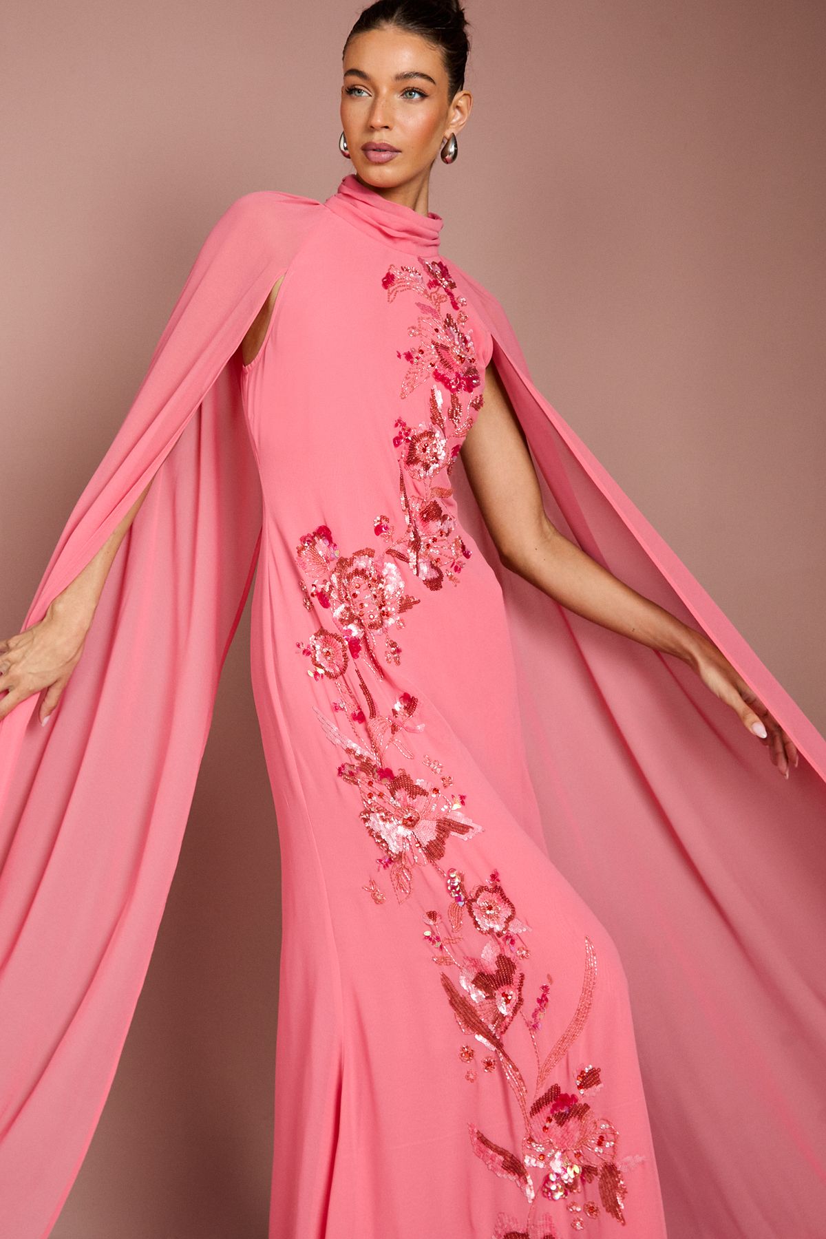 Coast Embellished Floral Cape Georgette Maxi Dress Coral