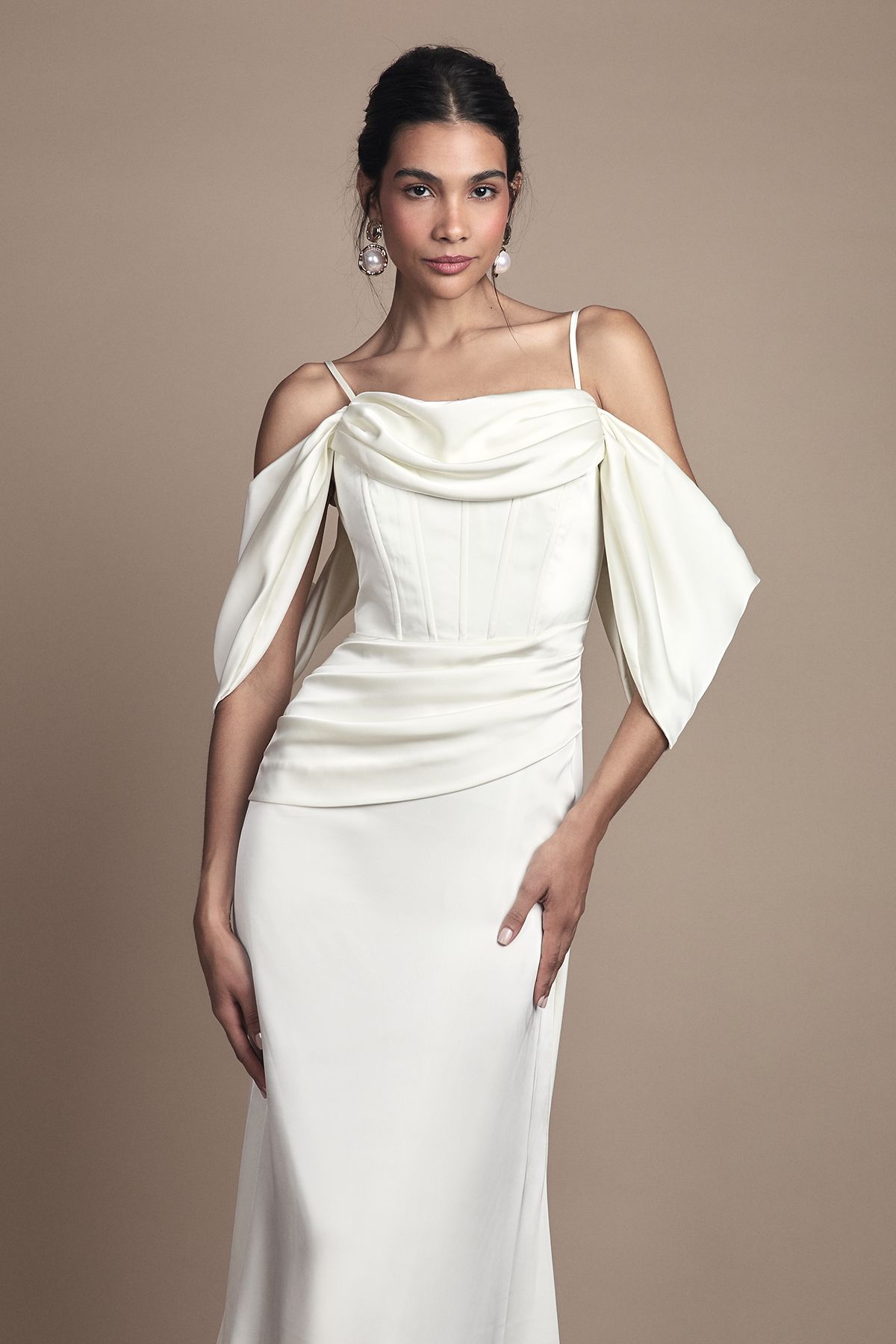 Coast Cowl Neck Corset Drape Satin Maxi Wedding Dress Oyster image 2