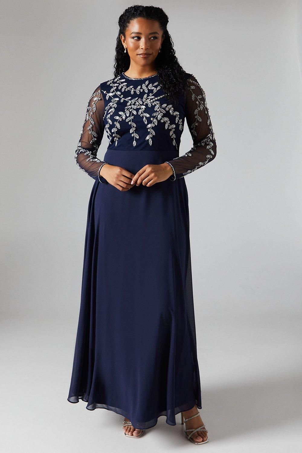 Coast Encrusted Floral Applique Long Sleeve Embellished Bridesmaid Maxi Dress Navy image 1