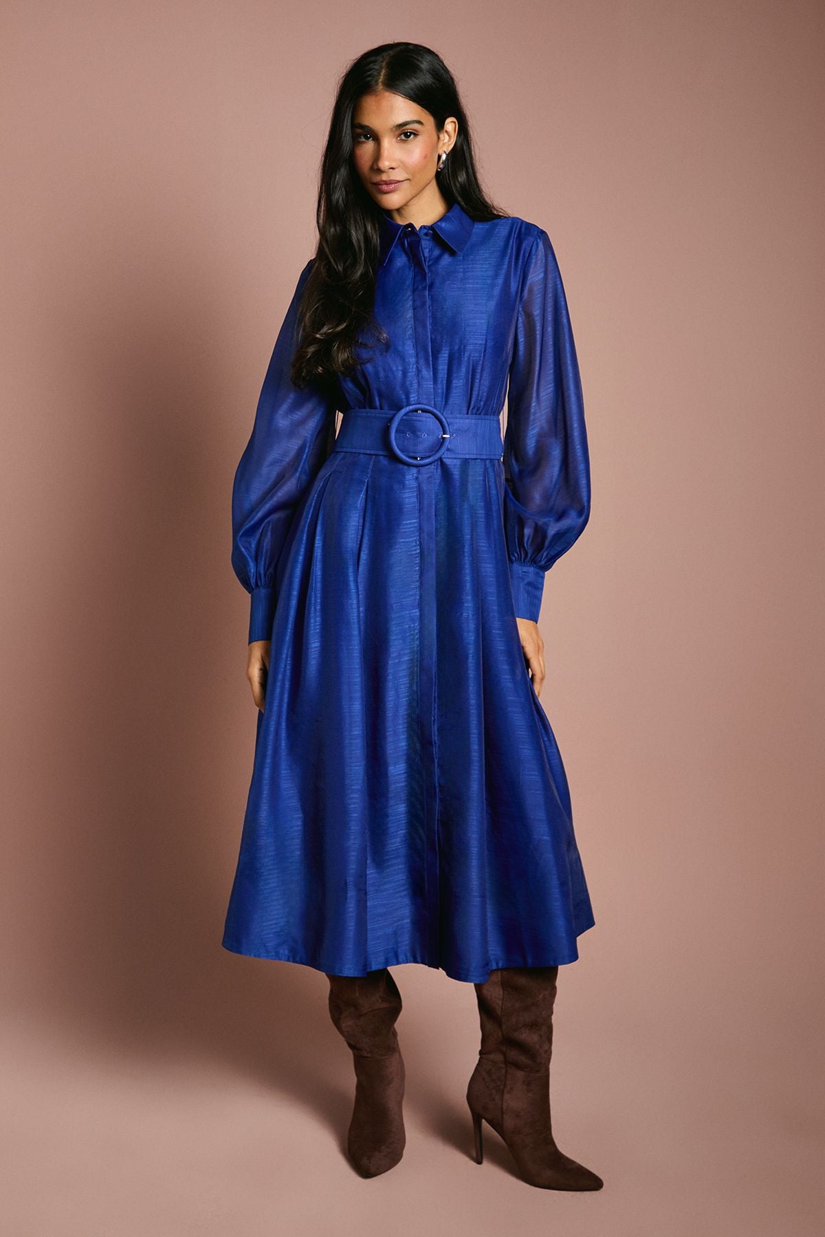 Coast Organza Long Sleeve Midi Shirt Dress With Belt Blue image 1