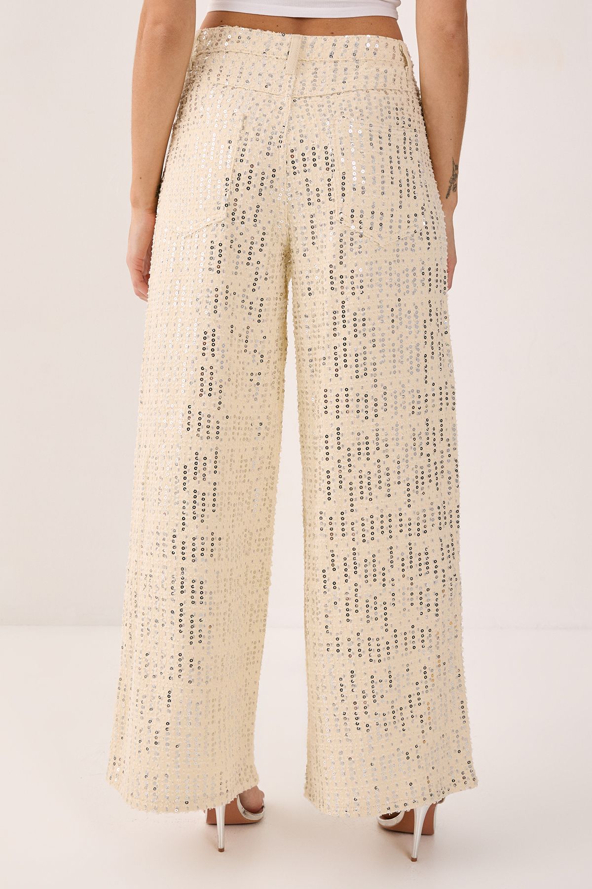 NastyGal Denim Sequin Wide Leg Jeans Ecru image 3