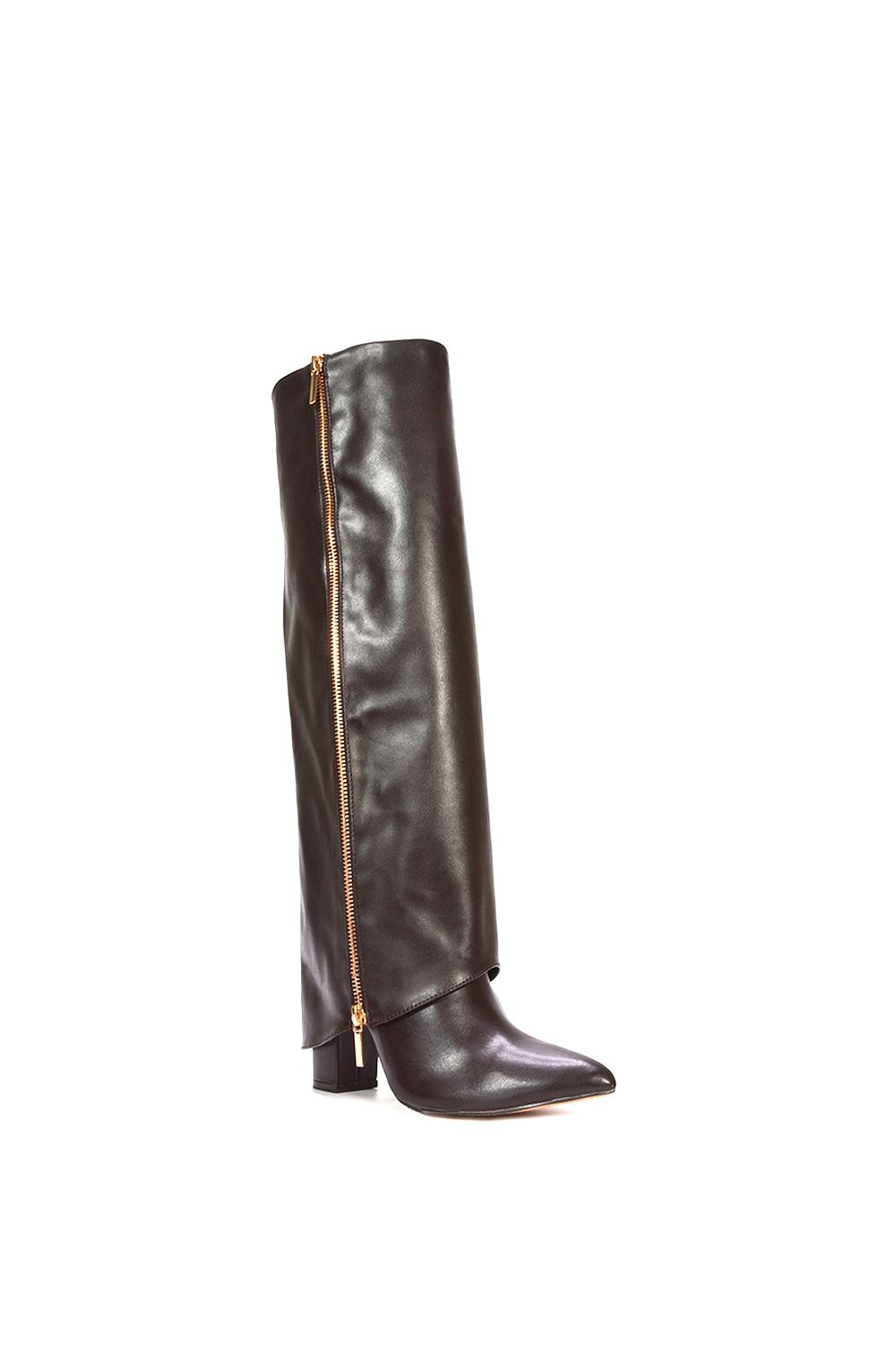 XY London 'Allie' Knee High Fold Over Pointed Toe Boots With Zip Detail image 2