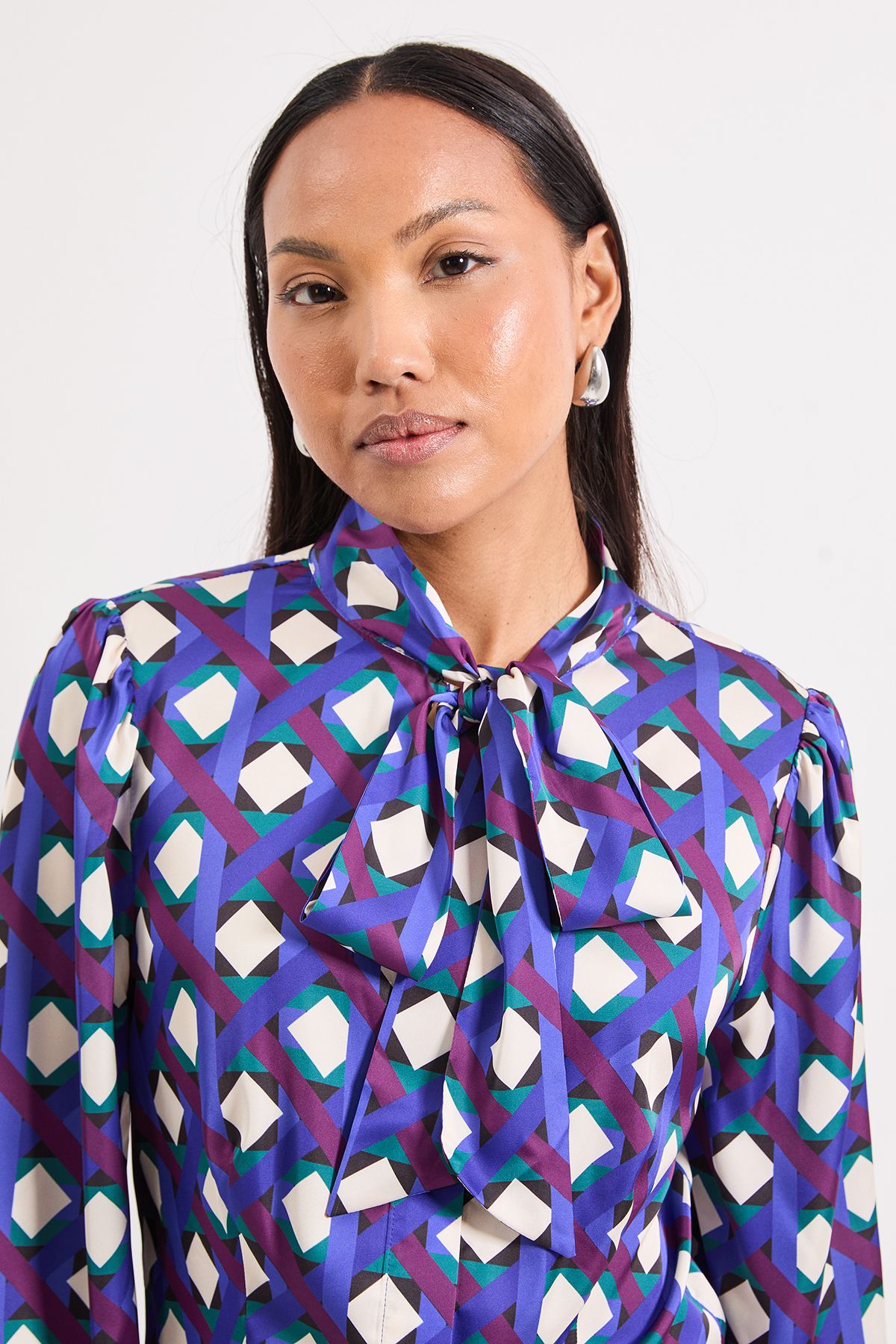 Principles Printed Satin Pussybow Blouse Blue image 2